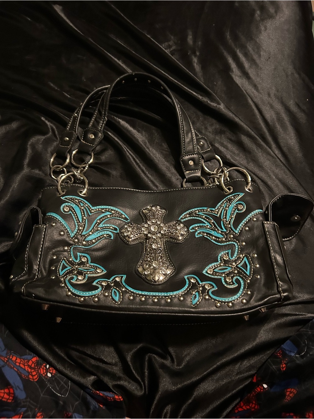 Women's Black Handbag with Turquoise Embroidery and Cross Accent